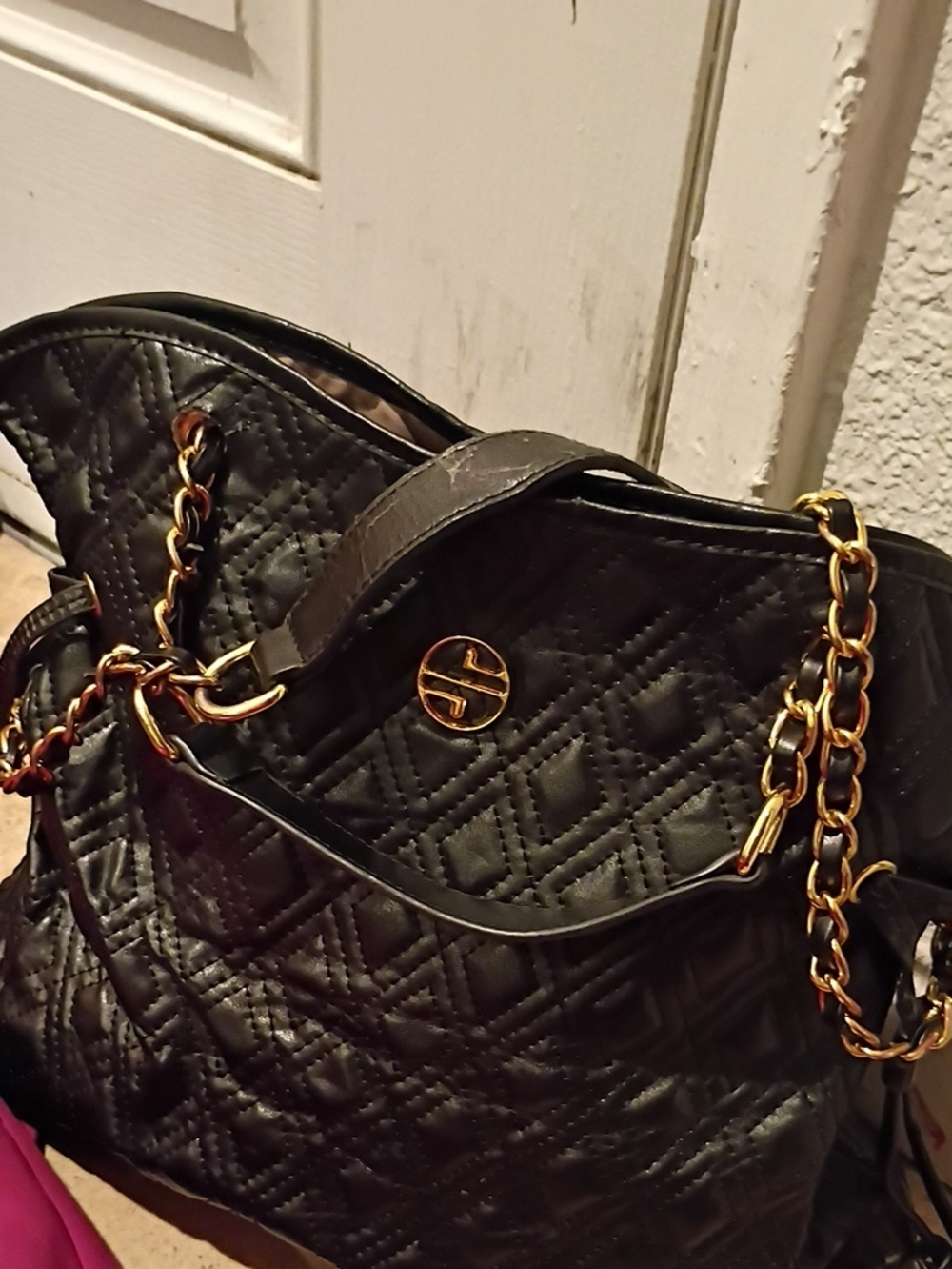 Black Quilted Tote with Gold Chain Detail - Brand Unknown